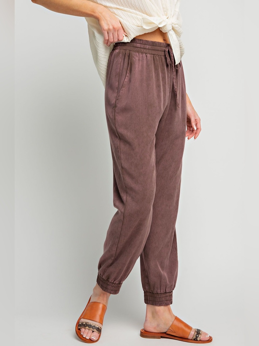 Easel Washed Navy Mineral Wash Tencel Jogger Pants Drawstring Eggplant Small